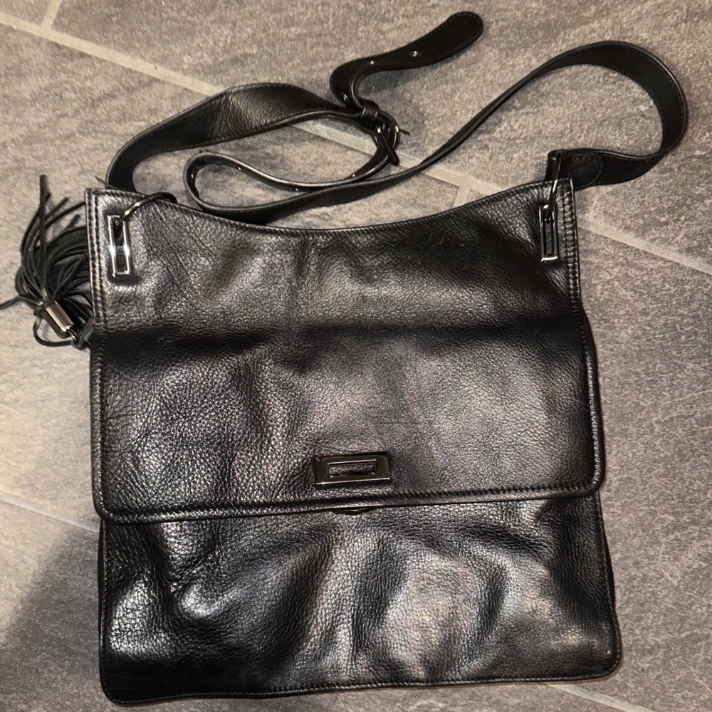Rachel Rachel Roy Black Pebbled Leather Crossbody Bag Tassel Messenger Bag